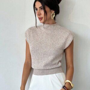 Classy High Neck Loose Sleeveless Knit Sweater Tan Cream